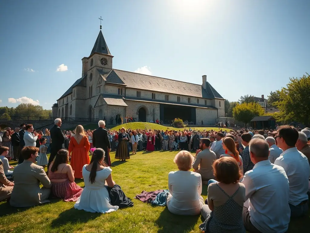 A photograph showcasing a cultural event taking place at the Abbaye d'Aubazine, such as a concert or historical reenactment. The image should capture the vibrant atmosphere and community spirit.