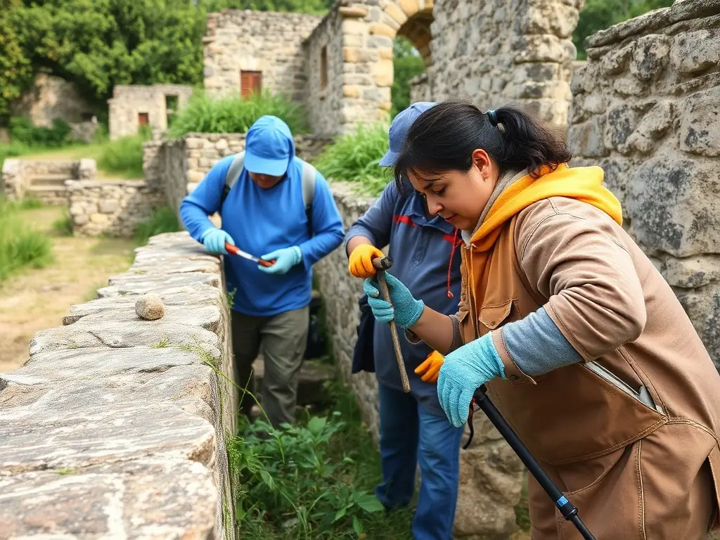 A photograph depicting volunteers working on the restoration of a section of the Abbaye d'Aubazine, focusing on masonry repair. The image should convey a sense of dedication and teamwork.