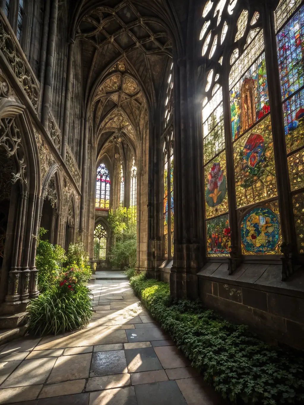 A detailed photograph showcasing the restored stained glass windows of the Abbaye d'Aubazine, illuminated by sunlight, emphasizing the vibrant colors and intricate details.