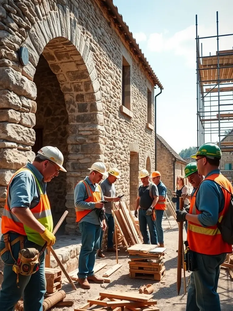 A photograph showcasing volunteers participating in a stonework restoration workshop at the Abbey, focusing on hands-on learning and community involvement.