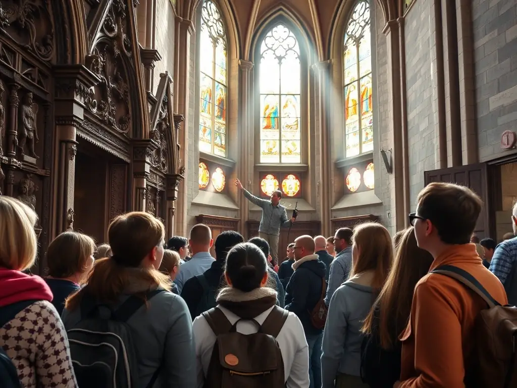 A photograph capturing a group of visitors on a guided tour of the Abbaye d'Aubazine, led by a knowledgeable guide. The image should highlight the historical significance and architectural beauty of the abbey.